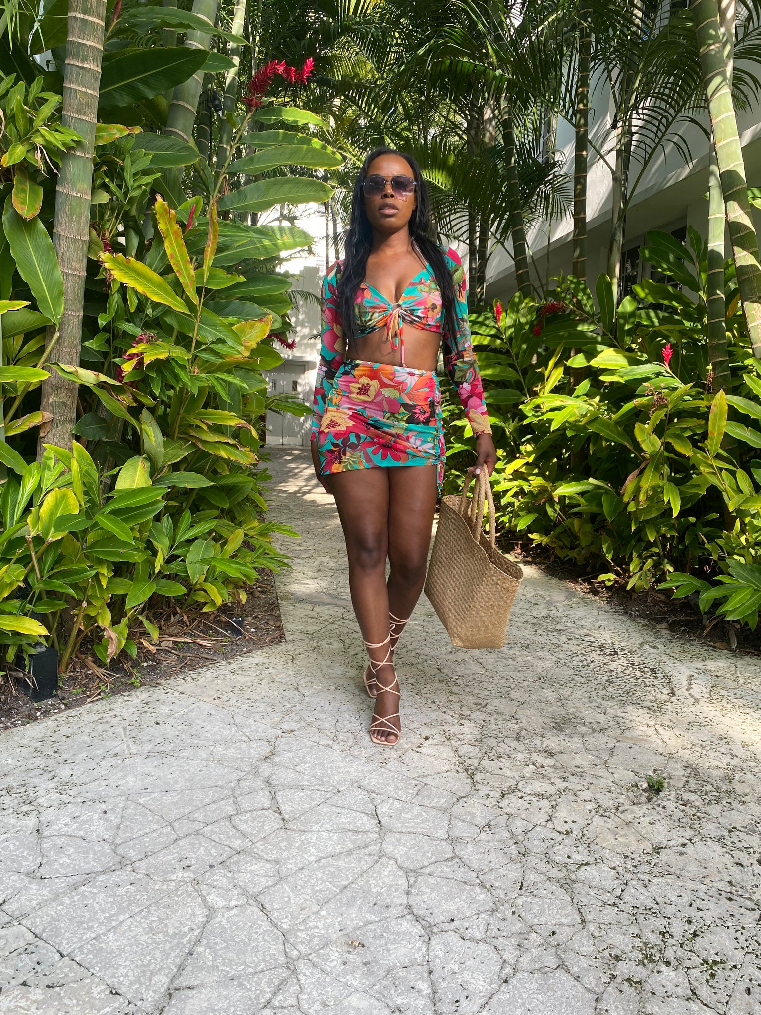 Mini skirt and crop top floral hot sale